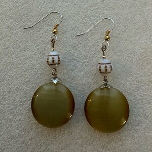 Vintage Ceramic Disc Bead Earrings with Czech Glass Accent - Gold and White